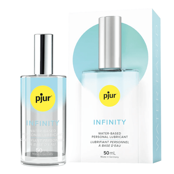 A bottle of Pjur Infinity Water sitting out next to the cardboard box that it comes packaged in. | Kinkly Shop