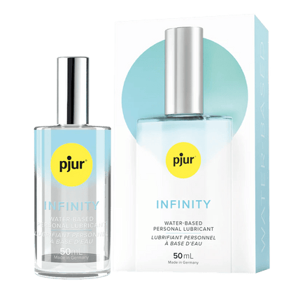 A bottle of Pjur Infinity Water sitting out next to the cardboard box that it comes packaged in. | Kinkly Shop