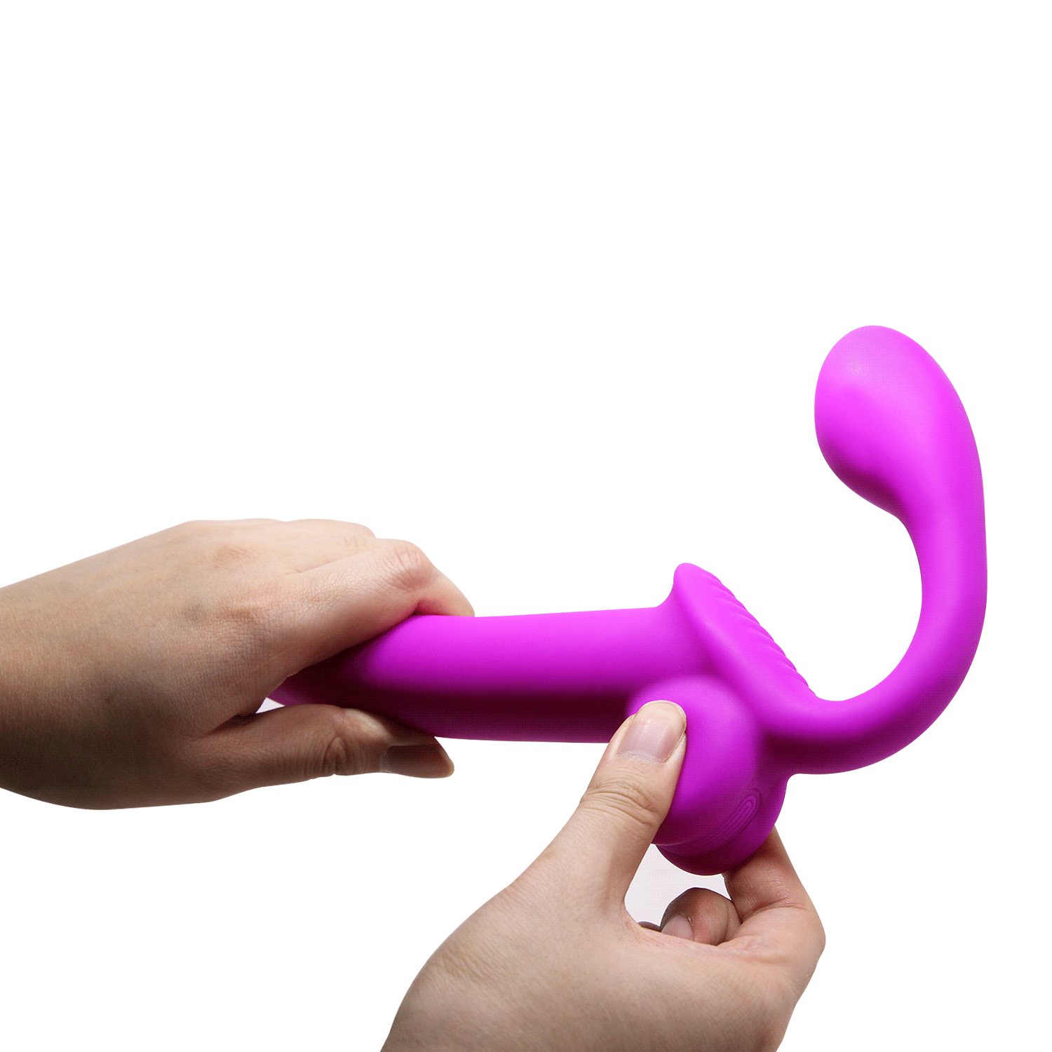 GIF shows a person squeezing the balls of the Kelpie Squirting Strapless Strap On, showcasing how hollow they are on the inside for ejaculating purposes | Kinkly