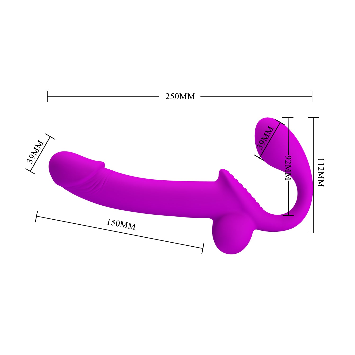 The Kelpie Squirting Strapless Strap On with measurements superimposed on top of the various parts of the dildo. All measurements are included within the text description. | Kinkly