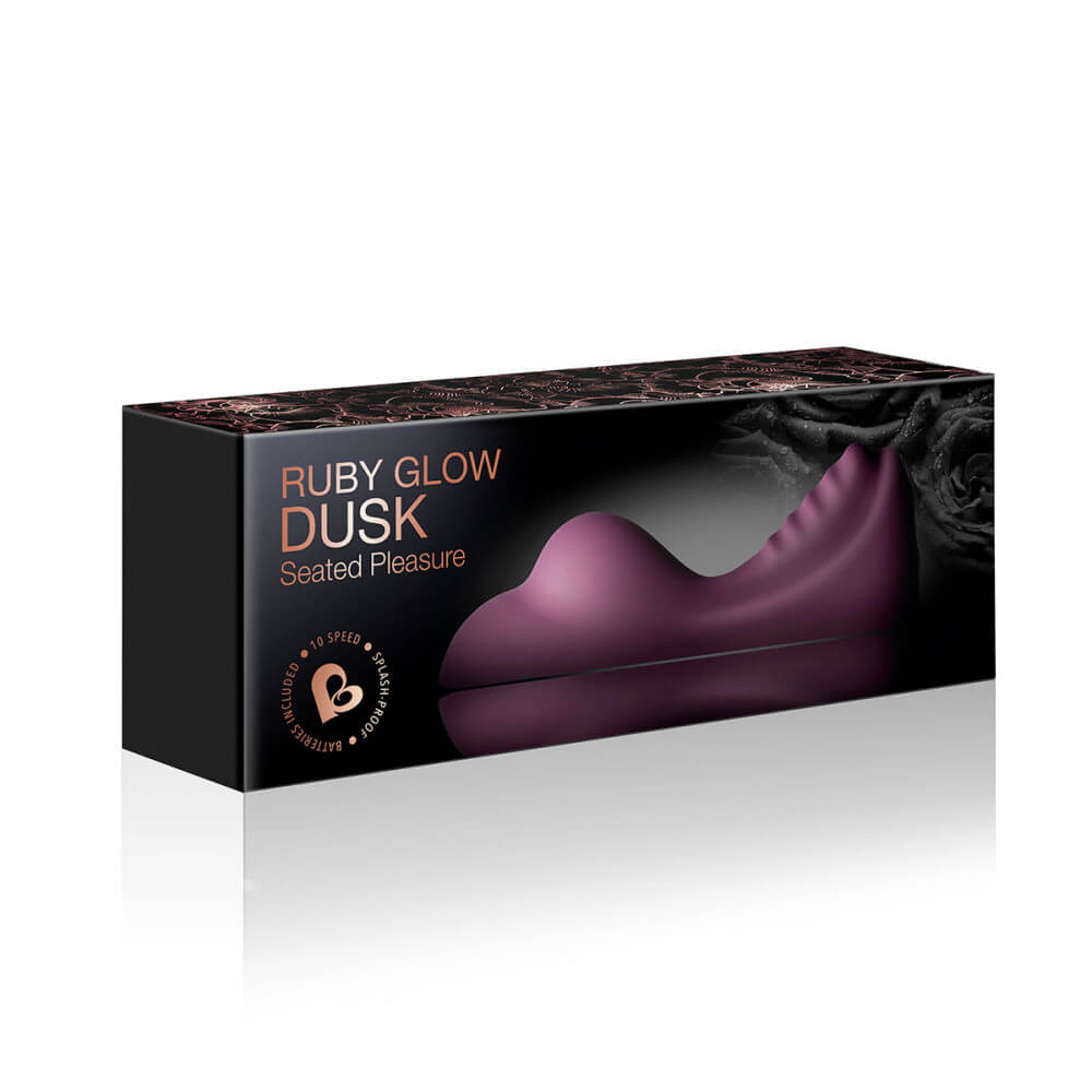 Packaging for the Rocks-Off Ruby Glow Dusk. It's in a black box with rose gold lettering. The entire presentation looks sultry. | Kinkly Shop