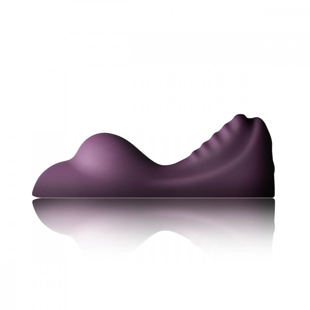 From-the-side view of the Rocks-Off Ruby Glow Dusk. This showcases the two swells of the toy to get vibrations in the right place. | Kinkly Shop