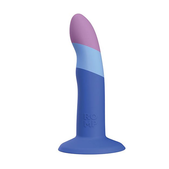 The ROMP Piccolo in front of a plain white background. It is made of three colorblocked colors in a deep blue, light blue, and muted purple. | Kinkly Shop