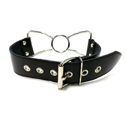Backside of the Rouge Leather Spider Gag. It's fastened, showing the standard belt buckle and 6 reinforced adjustment positions to allow for a comfortable, snug fit with the Rouge Leather Spider Gag. | Kinkly Shop