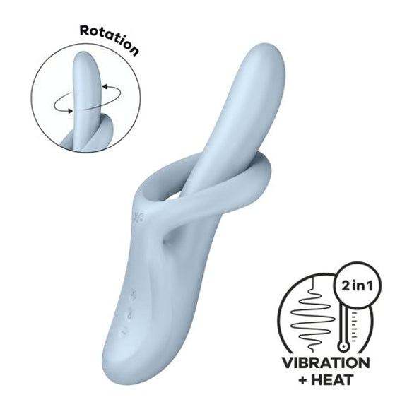 The Satisfyer Heat Flex 4 in light blue. A small icon showcases that the toy's shaft rotates and it has vibration + heat functionality. | Kinkly Shop
