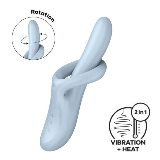 The Satisfyer Heat Flex 4 in light blue. A small icon showcases that the toy's shaft rotates and it has vibration + heat functionality. | Kinkly Shop