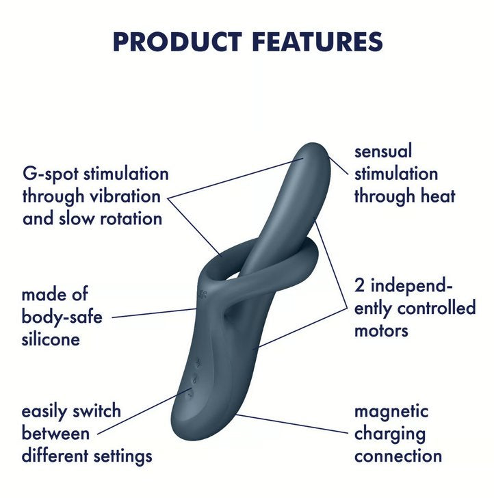 The Satisfyer Heat Flex 4 shown next to a text list of features. Text reads: G-spot stimulation through vibration and slow rotation. Made of silicone. Easily switch between settings. Sensual stimulation through heat. 2 independently controlled motors. Magnetic charging connection. | Kinkly Shop