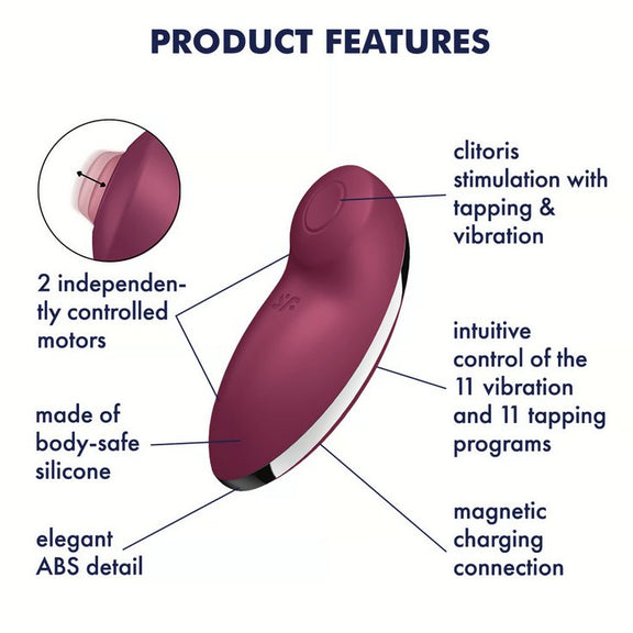 The Satisfyer Tap and Climax 2 with a list of text features listed around it. Text on the image reads: "Product features. 2 independently controlled motors. Made of body-safe silicone. Elegant ABS detail. Clitoris stimulation with tapping and vibration. 11 vibration programs. 11 tapping programs. Magnetic charging connection. | Kinkly Shop