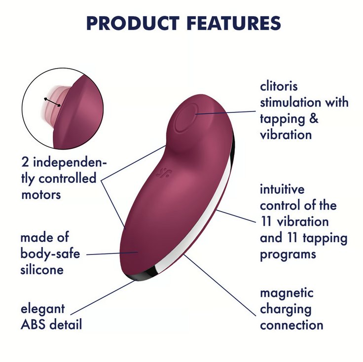 The Satisfyer Tap and Climax 2 with a list of text features listed around it. Text on the image reads: "Product features. 2 independently controlled motors. Made of body-safe silicone. Elegant ABS detail. Clitoris stimulation with tapping and vibration. 11 vibration programs. 11 tapping programs. Magnetic charging connection. | Kinkly Shop