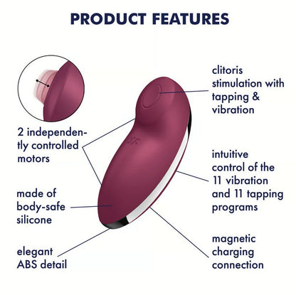 The Satisfyer Tap and Climax 2 with a list of text features listed around it. Text on the image reads: "Product features. 2 independently controlled motors. Made of body-safe silicone. Elegant ABS detail. Clitoris stimulation with tapping and vibration. 11 vibration programs. 11 tapping programs. Magnetic charging connection. | Kinkly Shop