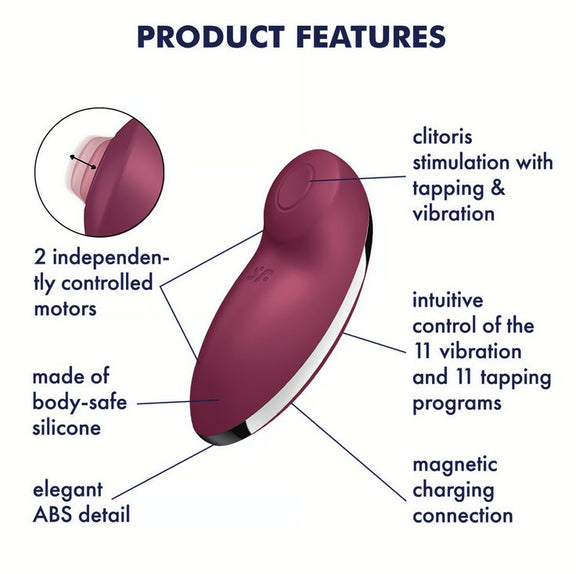 The Satisfyer Tap and Climax 2 with a list of text features listed around it. Text on the image reads: "Product features. 2 independently controlled motors. Made of body-safe silicone. Elegant ABS detail. Clitoris stimulation with tapping and vibration. 11 vibration programs. 11 tapping programs. Magnetic charging connection. | Kinkly Shop