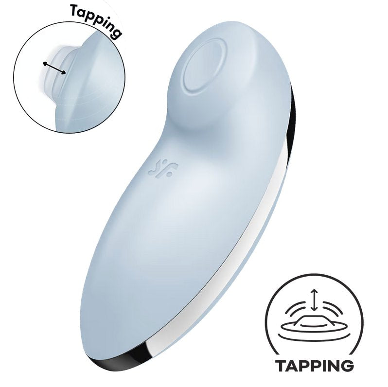 Satisfyer Tap and Climax 2 in Blue. Small icons showcase that this toy has tapping functionality too. | Kinkly Shop