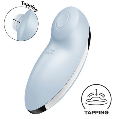 Satisfyer Tap and Climax 2 in Blue. Small icons showcase that this toy has tapping functionality too. | Kinkly Shop