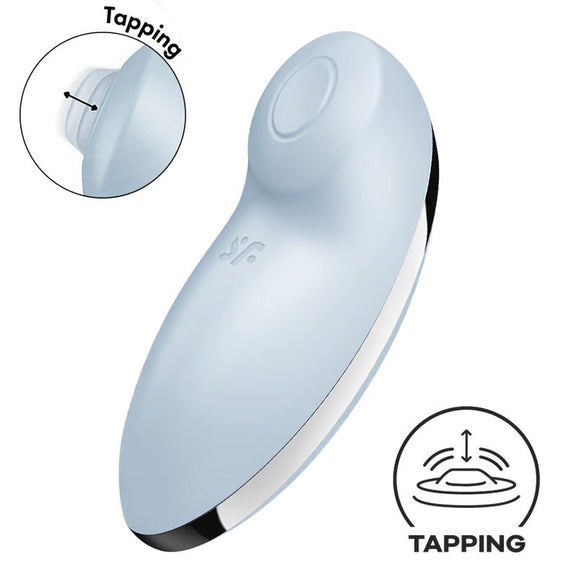 Satisfyer Tap and Climax 2 in Blue. Small icons showcase that this toy has tapping functionality too. | Kinkly Shop