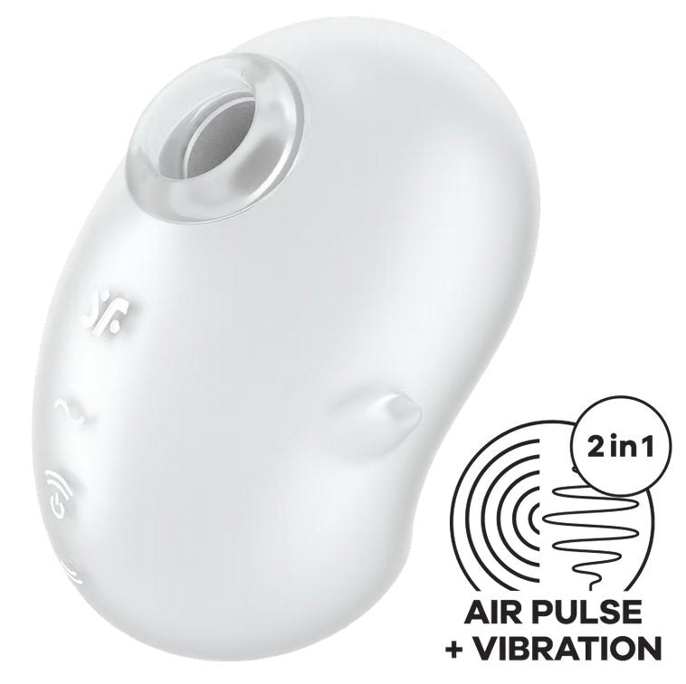The Satisfyer Cutie Ghost in White shown next to a icon that states "2 in 1. Air pulse + vibration" | Kinkly Shop