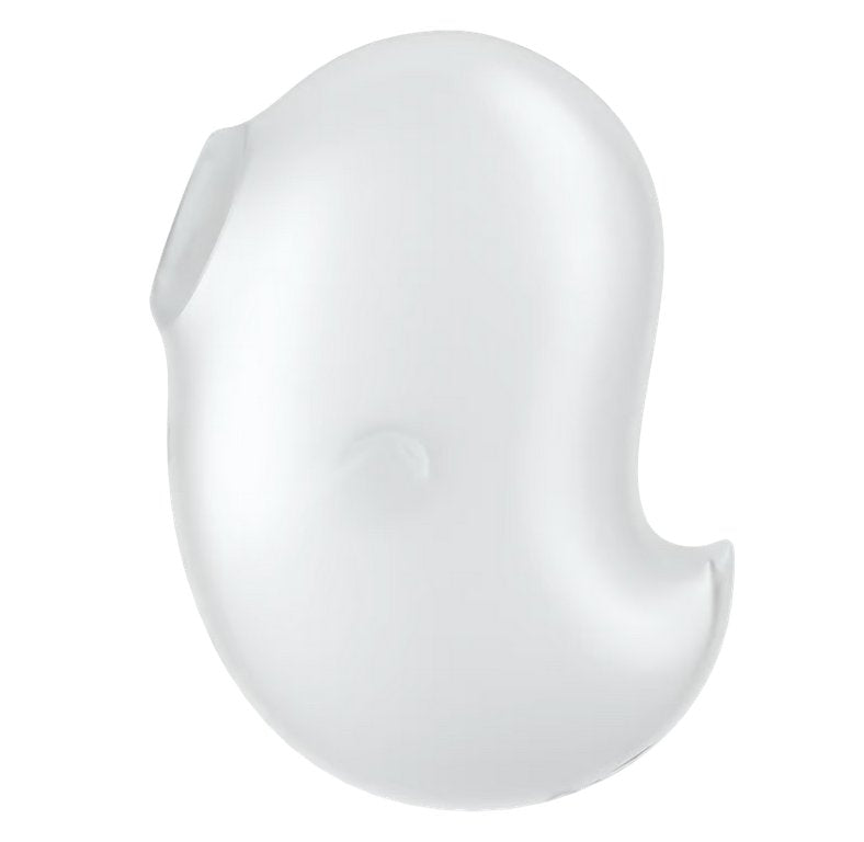 Side view of the Satisfyer Cutie Ghost in white showcases the little ghost "tail" and the ghost's little arm on the side. The tip of the ghost is a hollow open tip that works as the suction hole for the toy. | Kinkly Shop