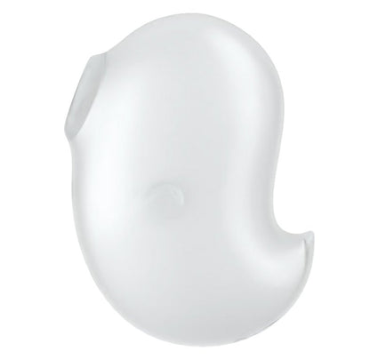 Side view of the Satisfyer Cutie Ghost in white showcases the little ghost "tail" and the ghost's little arm on the side. The tip of the ghost is a hollow open tip that works as the suction hole for the toy. | Kinkly Shop