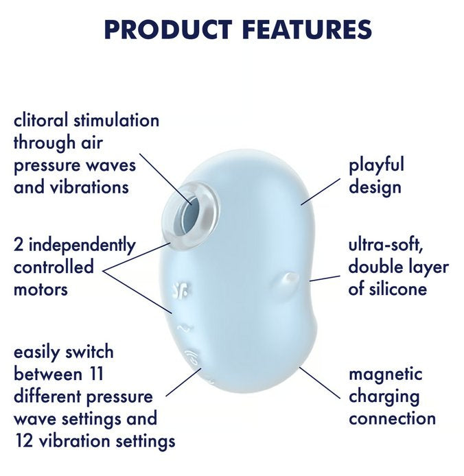 The Satisfyer Cutie Ghost surrounded by a text list of all of the features. Text reads: Clitoral stimulation through air pressure waves and vibrations, 2 independently controlled motors, easily switch between 11 different pressure wave settings and 12 vibration settings, playful design, ultra-soft double layer of silicone, magnetic charging connection | Kinkly Shop