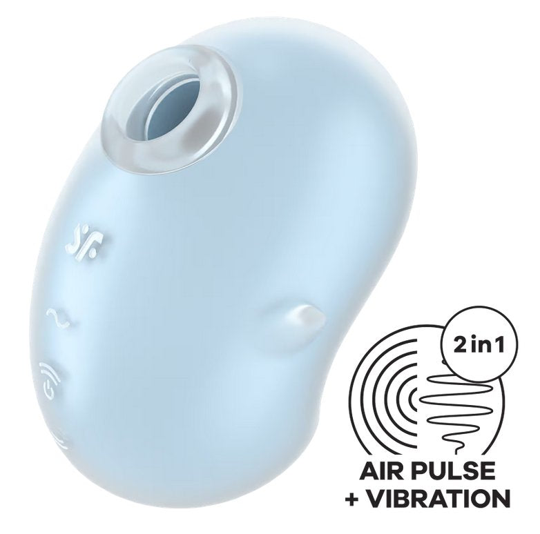 The Satisfyer Cutie Ghost in Blue shown next to a icon that states "2 in 1. Air pulse + vibration" | Kinkly Shop