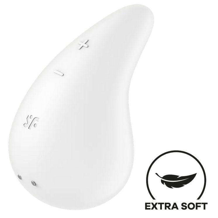 The Satisfyer Dew Drop in front of a plain white background. An icon in the corner says "Extra soft". | Kinkly Shop