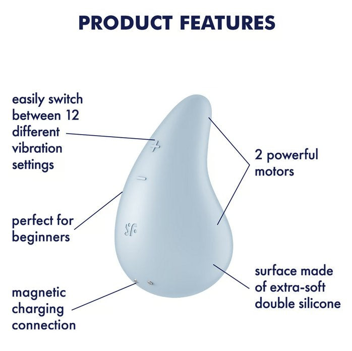 The Satisfyer Dew Drop surrounded by a text list of features. Text reads: easily switch between 12 different vibration settings. Perfect for beginners. Magnetic charging connection. 2 powerful motors. Surface made of extra-soft double silicone. | Kinkly Shop