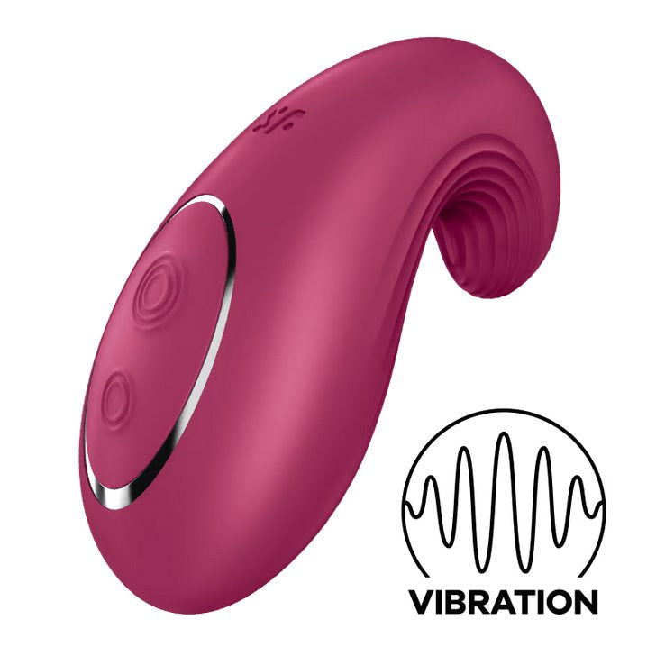 The Satisfyer Dipping Delight in Berry shown next to an icon with text that says "Vibration". | Kinkly Shop