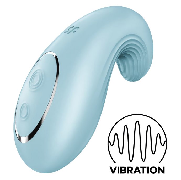 The Satisfyer Dipping Delight in Blue shown next to an icon with text that says "Vibration". | Kinkly Shop