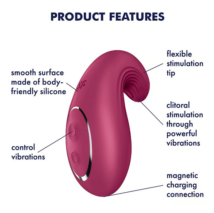 The Satisfyer Dipping Delight with a text list of features written around it. Text includes: Smooth surface made of body-friendly silicone, control vibrations, flexible stimulation tip, clitoral stimulation through powerful vibrations, magnetic charging connection | Kinkly Shop