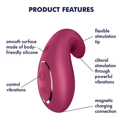 The Satisfyer Dipping Delight with a text list of features written around it. Text includes: Smooth surface made of body-friendly silicone, control vibrations, flexible stimulation tip, clitoral stimulation through powerful vibrations, magnetic charging connection | Kinkly Shop