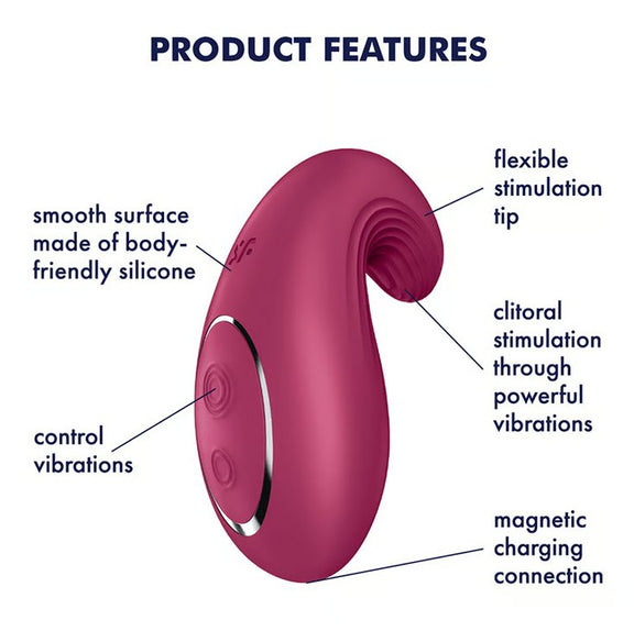 The Satisfyer Dipping Delight with a text list of features written around it. Text includes: Smooth surface made of body-friendly silicone, control vibrations, flexible stimulation tip, clitoral stimulation through powerful vibrations, magnetic charging connection | Kinkly Shop