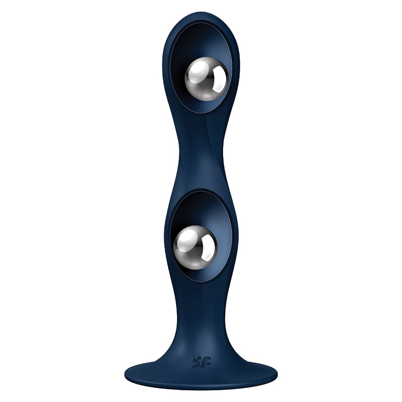 The Satisfyer Double Ball-r up against a plain white background. A see-through design uses X-Ray vision to "see through" the toy's surface to showcase the two empty, inner chambers that contain weighted balls that roll around each of the chambers. | Kinkly Shop