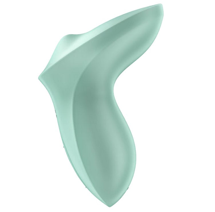 Side view of the Satisfyer Exciterrr showcasing how wide and broad the top of the toy is. This is where the rolling ball rolls around for sensation. | Kinkly Shop