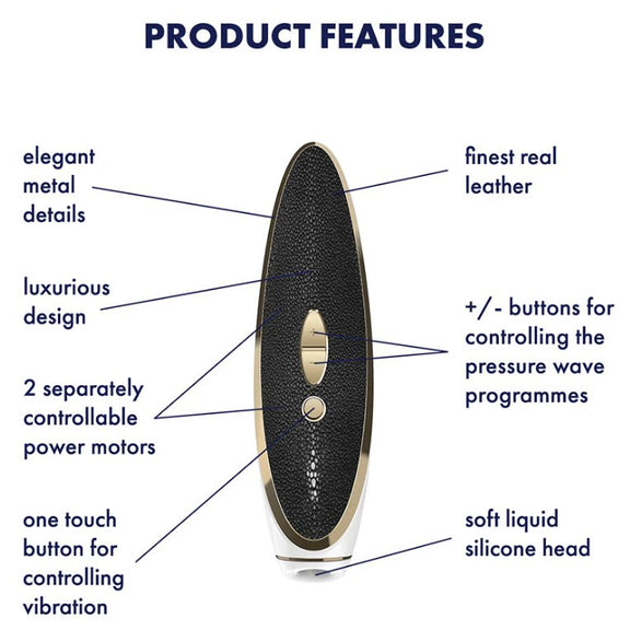 The Satisfyer Luxury Haute with a list of features surrounding the photo of the toy. Text reads: "Elegant metal details, luxurious design, 2 separately controllable power motors, one touch button for controlling vibrations, finest real leather, buttons for controlling the pressure wave programs, soft liquid silicone head" | Kinkly Shop