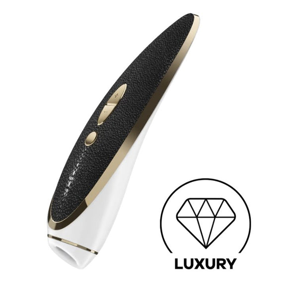 The Satisfyer Luxury Haute in front of a plain white background. A badge in the corner states "luxury". | Kinkly Shop