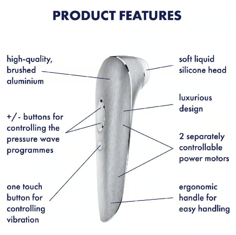 The Satisfyer High Fashion surrounded with the features of the item. Text reads: High-quality brushed aluminum, buttons for controlling the pressure wave programs, one touch button for controlling vibration, soft liquid silicone head, luxurious design, 2 separately controllable pwer motors, ergonomic handle for easy handling. | Kinkly Shop