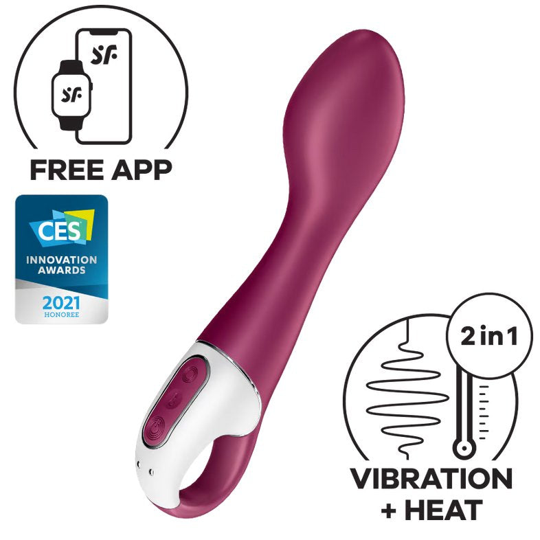 The Satisfyer Hot Spot Warming shown next to an icon and text that describes the toy. Text reads: Free app. CES Innovation Awards 2021 Honoree. 2 in 1 Vibration + Heat | Kinkly Shop