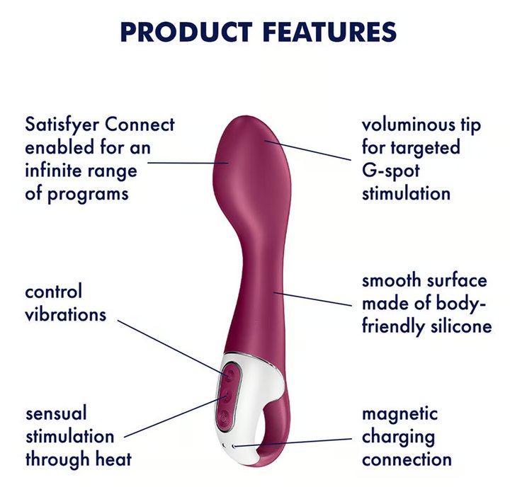 The Satisfyer Hot Spot Warming with a text list of its features surrounding it. Text includes: Satisfyer Connect enabled for an infinite range of programs, Control vibrations, Sensual stimulation through heat, Voluminous tip for targeted G-Spot stimulation, Smooth surface made of body-friendly silicone, Magnetic charging connection. | Kinkly Shop