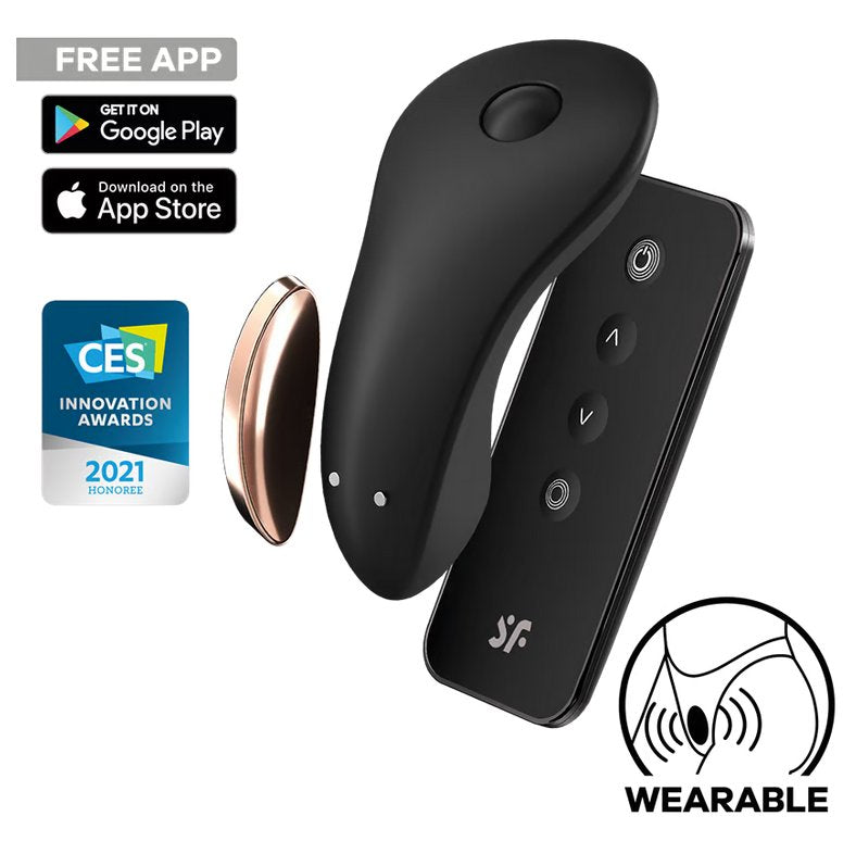 The Satisfyer Little Secret shown in front of a plain white background. Text and icons around the toy show off the free app available on Google Play or the App Store, its wearable design, and its honoree CES Innovation Awards designation in 2021. | Kinkly