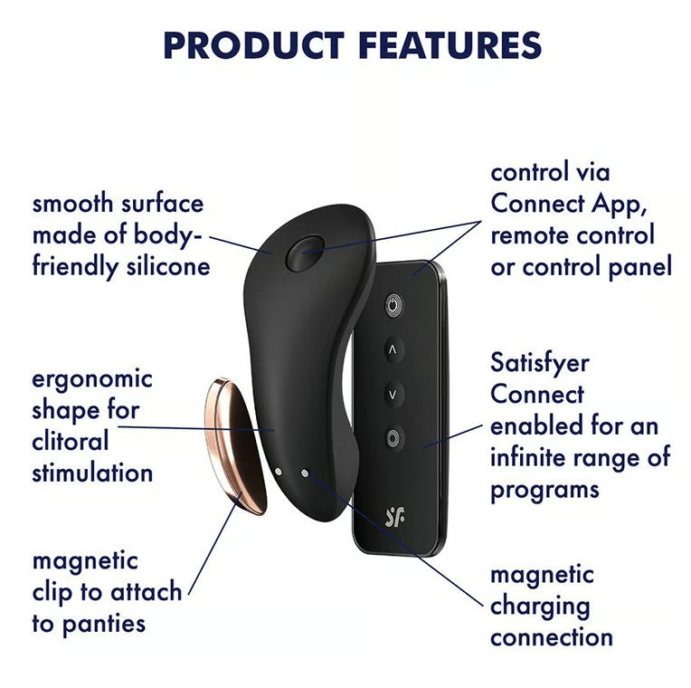 The Satisfyer Little Secret surrounded by a text list of features the toy has. Text includes: Smooth surface made of body-friendly silicone. Ergonomic shape for clitoral stimulation. Magnetic clip to attach to panties. Control via Connect App, remote control, or button on toy. Satisfyer Connect app enabled for an infinite range of programs. Magnetic charging connection. | Kinkly