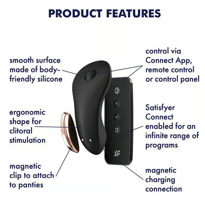 The Satisfyer Little Secret surrounded by a text list of features the toy has. Text includes: Smooth surface made of body-friendly silicone. Ergonomic shape for clitoral stimulation. Magnetic clip to attach to panties. Control via Connect App, remote control, or button on toy. Satisfyer Connect app enabled for an infinite range of programs. Magnetic charging connection. | Kinkly
