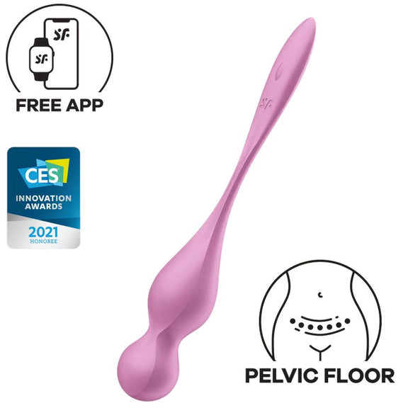 The Satisfyer Love Birds 1 shown with illustrations or icons around it that display it's functionality. There's "Free App", "CES Innovation Awards 2021", and "Pelvic Floor" | Kinkly Shop