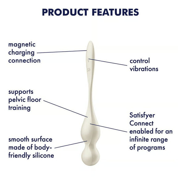 The Satisfyer Love Birds 1 shown next to a text list of features. Text reads: "Magnetic charging connection, supports pelvic floor training, smooth surface made of body-friendly silicone, control vibrations, Satisfyer Connect enabled for an infinite range of programs" | Kinkly Shop