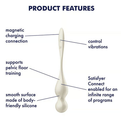 The Satisfyer Love Birds 1 shown next to a text list of features. Text reads: "Magnetic charging connection, supports pelvic floor training, smooth surface made of body-friendly silicone, control vibrations, Satisfyer Connect enabled for an infinite range of programs" | Kinkly Shop