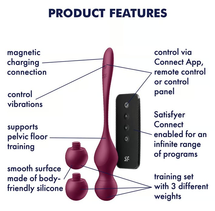 The Satisfyer Love Birds Vary shown next to a text list of features. Text reads: Magnetic charging connection, control vibrations, supports pelvic floor training, smooth surface made of body-friendly silicone, control via Connect APP, remote control, or buttons on toy, Satisfyer Connect App enabled for an infinite range of programs, training set with 3 different weights. | Kinkly Shop