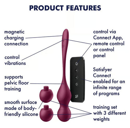 The Satisfyer Love Birds Vary shown next to a text list of features. Text reads: Magnetic charging connection, control vibrations, supports pelvic floor training, smooth surface made of body-friendly silicone, control via Connect APP, remote control, or buttons on toy, Satisfyer Connect App enabled for an infinite range of programs, training set with 3 different weights. | Kinkly Shop