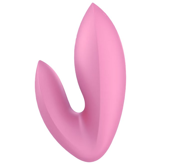 Side view of the Satisfyer Love Riot. It's a U-shaped vibrator with one end of the vibrator thicker than the other. | Kinkly Shop