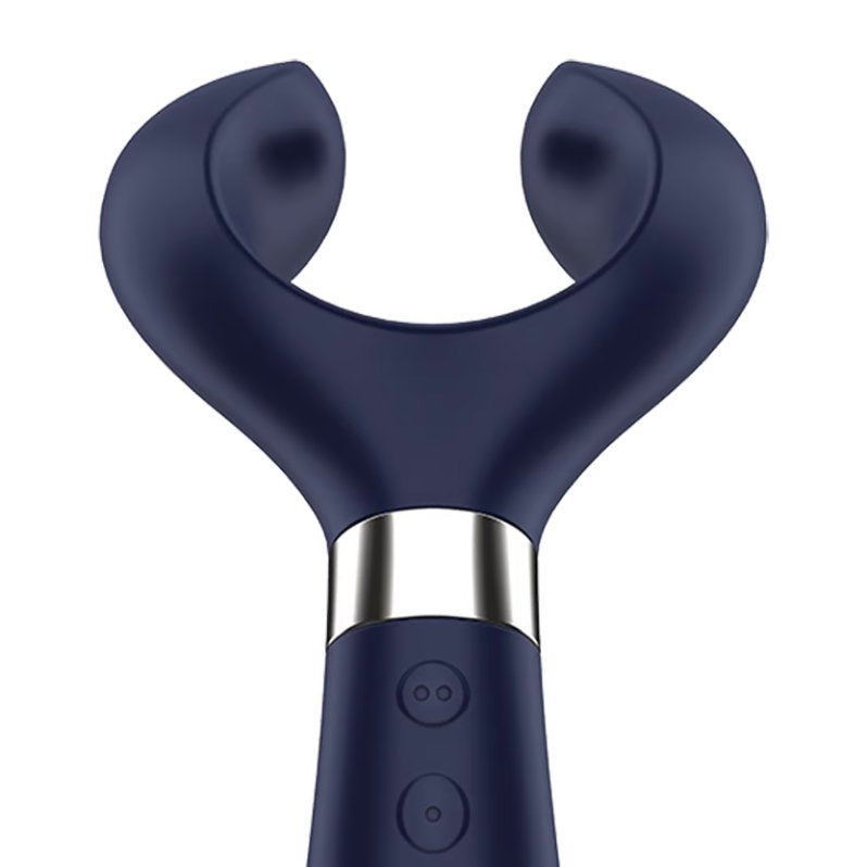 Close up of the rotating tip of the Satisfyer Partner Multifun 3. It looks like a circle with an opening to one side of the circle. The two buttons, labeled with 1 dot and 2 dots, are also right underneath the rotating tip, underneath the silver plastic band near the base of the loop. | Kinkly Shop