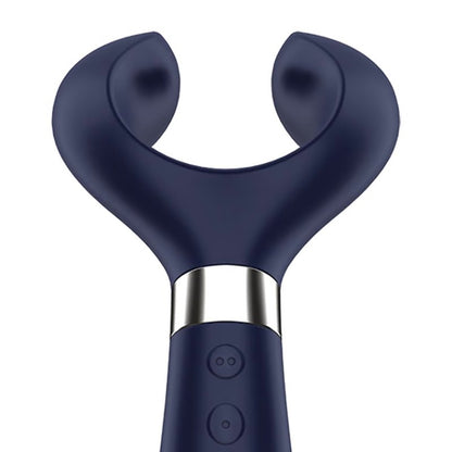 Close up of the rotating tip of the Satisfyer Partner Multifun 3. It looks like a circle with an opening to one side of the circle. The two buttons, labeled with 1 dot and 2 dots, are also right underneath the rotating tip, underneath the silver plastic band near the base of the loop. | Kinkly Shop