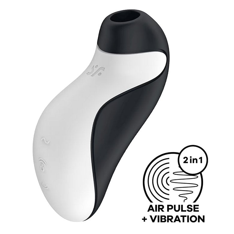 The Satisfyer Orca in front of a plain white background. An icon in the corner states "Air Pulse + Vibration. 2 in 1" | Kinkly Shop