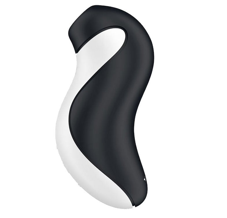 Side profile of the Satisfyer Orca. The toy has a curved design with a flat, air suction tip where the clitoris can be placed. | Kinkly Shop